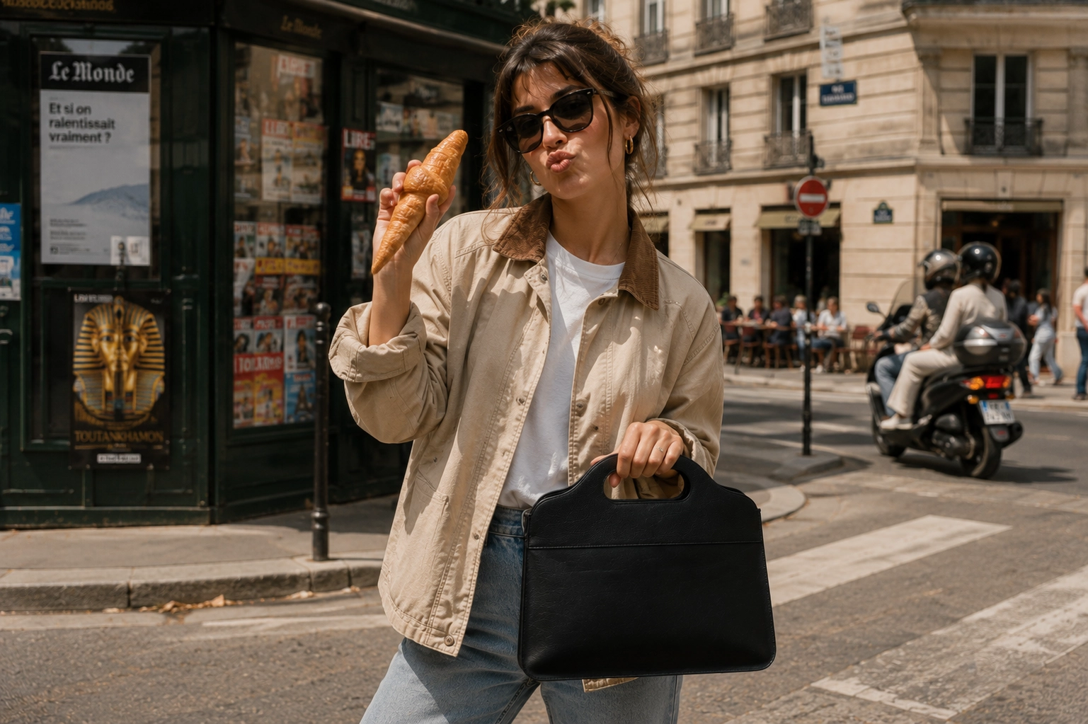 Femme qui tient le sac et un croissant